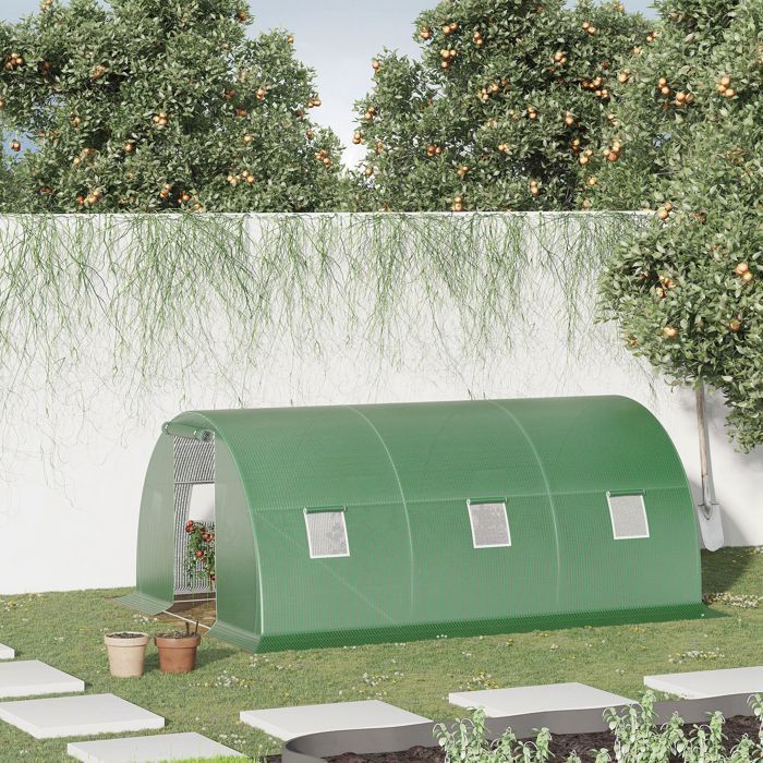 Outsunny Tunnelgewächshaus – 13,5 m² – 6 Fenster mit Reißverschlusstür – verzinkter Stahlrahmen, PE-Abdeckung – 4,5 x 3 x 2 m grün
