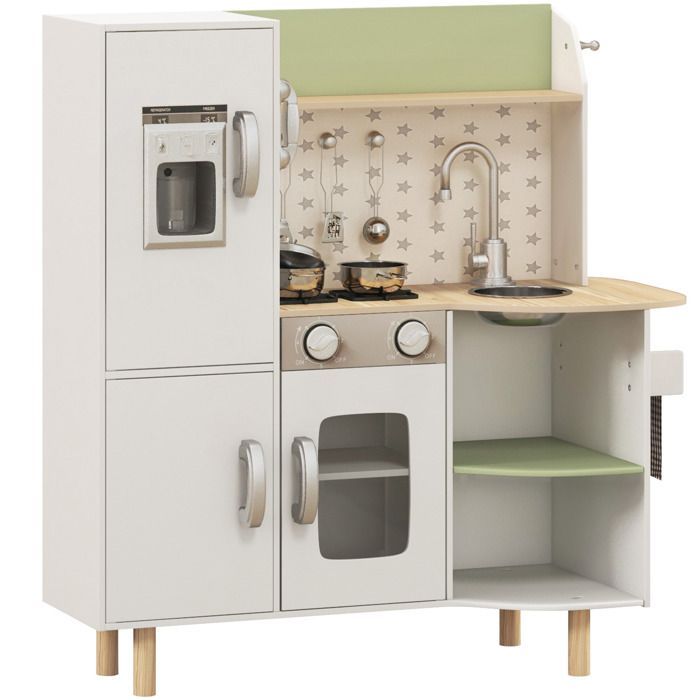 Kinderkeuken - AIYAPLAY - Houten fantasiespeelset met ijsmachine, gootsteen en keukengerei - Hout - 84x34x89cm - Wit