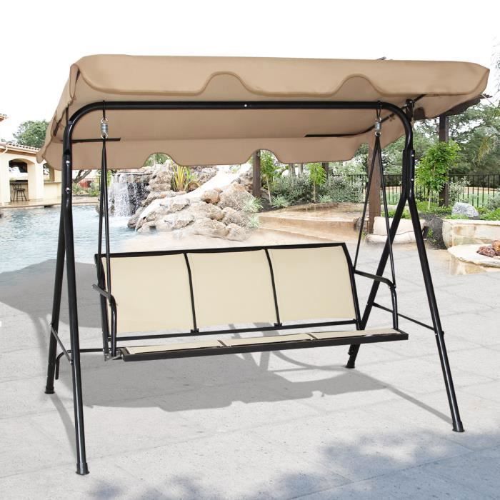Altalena da giardino a 3 posti COSTWAY in poliestere e acciaio con tettuccio regolabile resistente ai raggi UV per balcone e terrazzo, 170 x 110 x 150 cm.