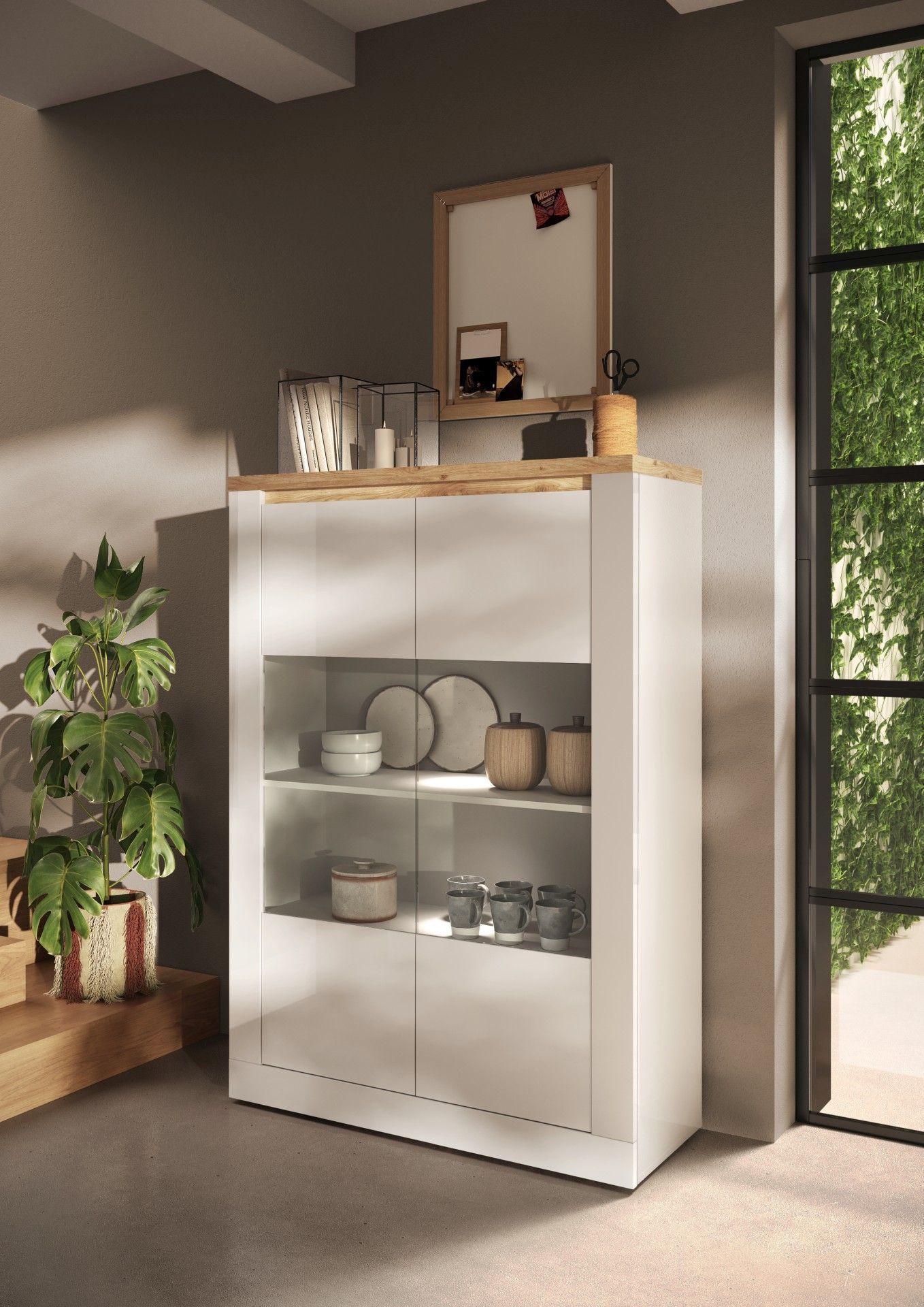 Vitrine - IMOLA - Blanc laqué / Plateau chêne cadiz - 2 Portes - Fabrication Italienne - 114 x 43 x 160 cm