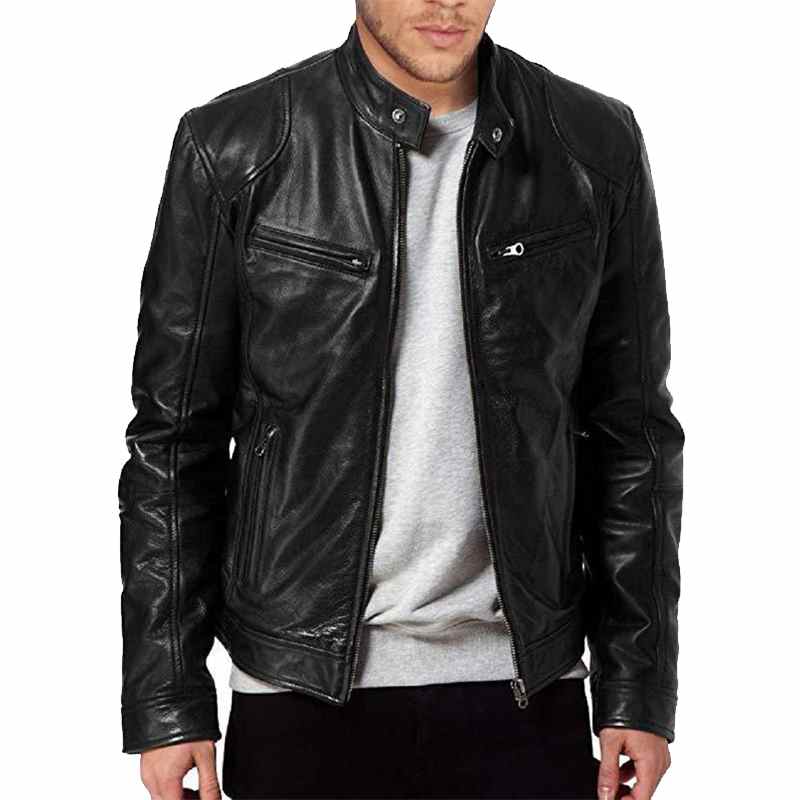 Herenmode leren jas, slim fit, met opstaande kraag, PU-leer, winddicht, motorjas met revers en diagonale ritssluiting, maat 5XL