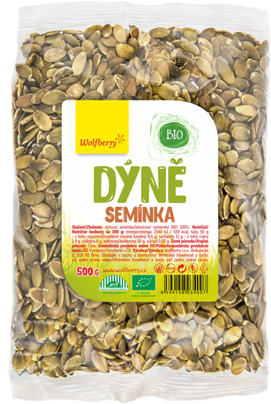 Sementes de abóbora-de-goji descascadas, orgânicas e de qualidade orgânica.