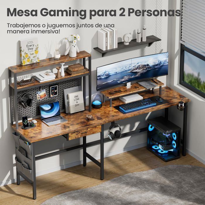 Mesa HLONONE, formato L, para jogos, 170 x 100 cm, com iluminação LED, tomada elétrica e porta USB integradas, com gaveta, marrom.