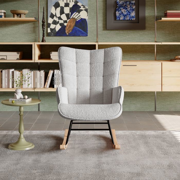 Schommelstoel, fluwelen relaxstoel met teddybeerprint, schommelstoel voor de woonkamer, massief houten en metalen frame, lichtgrijs