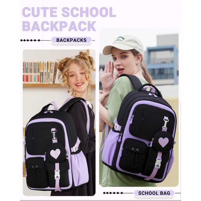 Zaino scolastico da bambina, scuola primaria, 20 litri, ergonomico, impermeabile, adatto a bambine dai 7 ai 10 anni - Nero