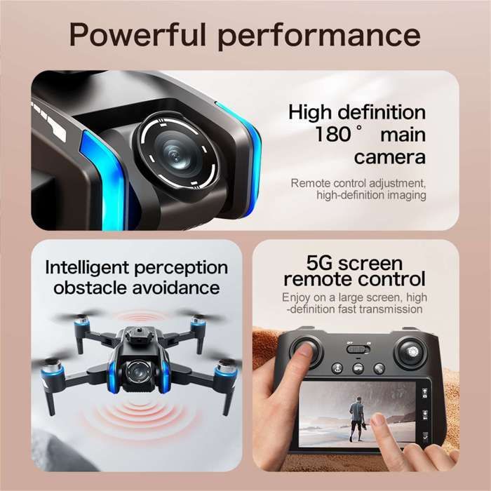 Dron GPS de doble cámara con giro de 180°, control remoto 5G, pantalla, retorno inteligente y 3 baterías.