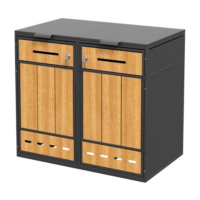 Contenitore per 2 bidoni (120-240 L), coperchio incernierato, sportello con serratura, in metallo, grigio + legno