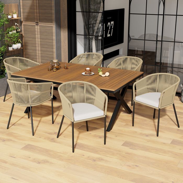 Ensemble table et chaise de jardin - 6 places - 1 table en bois d'acacia et 6 chaises décorées de corde - Beige