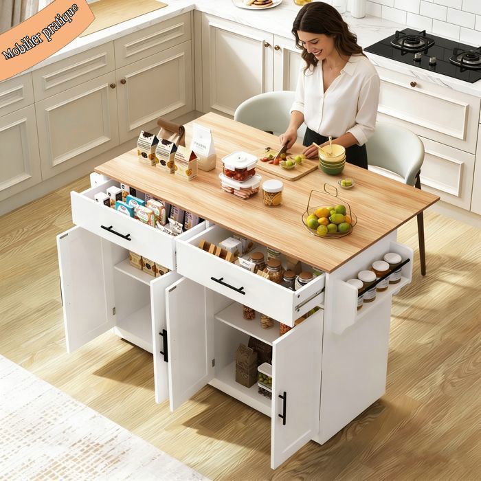 Desserte de cuisine avec Plateau Rabattable - Îlot Central Cuisine Mobile - 2 Grands Tiroirs - 2 Portes et Porte-Serviettes - Blanc