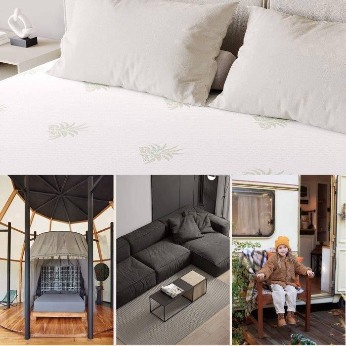 Matratzenauflage aus Memory-Schaum (180 x 200 cm, 5 cm) + Tagesdecke aus Aloe-Vera-Gewebe – Ergonomische Zonen – Für Doppelbettmatratzen