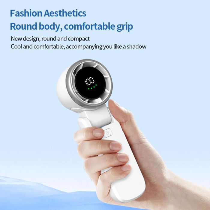 Mini ventilador portátil de mano con velocidad ajustable, batería recargable y pantalla LED para hombres y mujeres, ideal para viajes y acampadas.