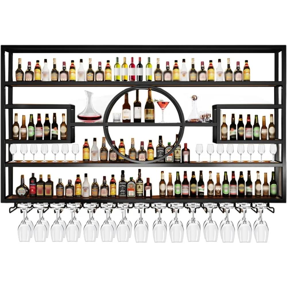 Portabottiglie da parete da 47 pollici, grande capacità, scaffale espositivo per bottiglie di vino sospese con portabicchieri, bar industriale a 4 livelli per liquori