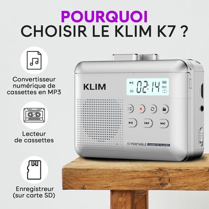 Cassette Player K7 - Lecteur Cassette Audio - Convertisseur Audio en MP3 - Microphone et Haut-Parleur intégrés - Argent