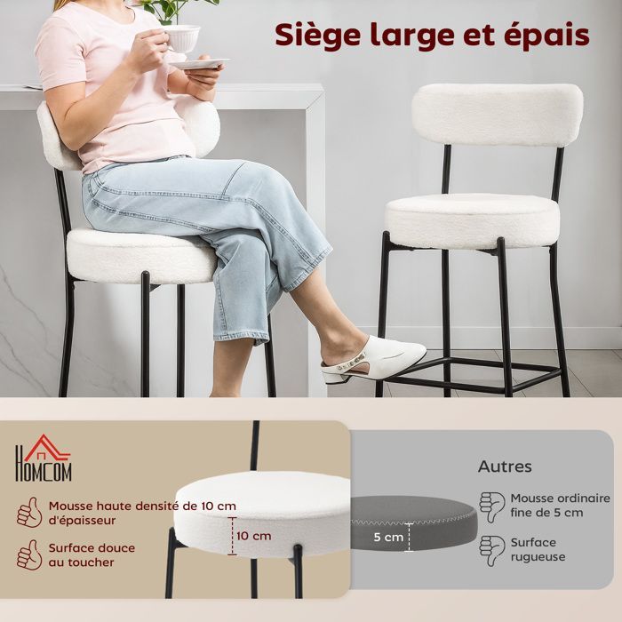 Juego de 2 taburetes de bar - HOMCOM - asiento ancho, respaldo curvo y reposapiés - tejido bouclé - 49x52x95cm - crema