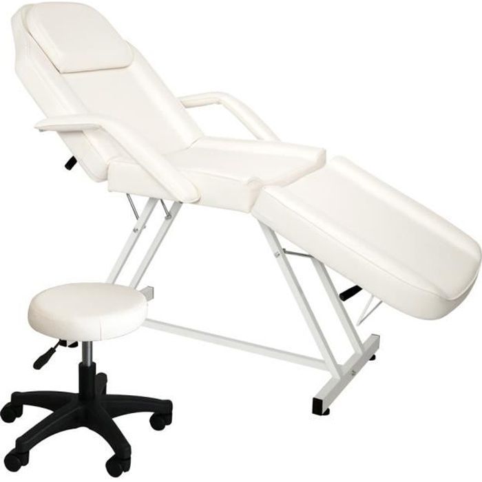 Camilla de masaje de cuero blanco con taburete - Capacidad de carga de 150 kg - Ideal para salones de belleza y spas