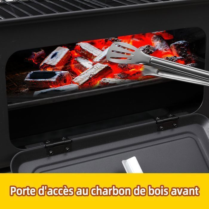 Houtskoolbarbecue met deksel, onderstel met thermometer, verstelbare houtskoolbak, 2 zijplanken, schoonmaakborstel, zwart
