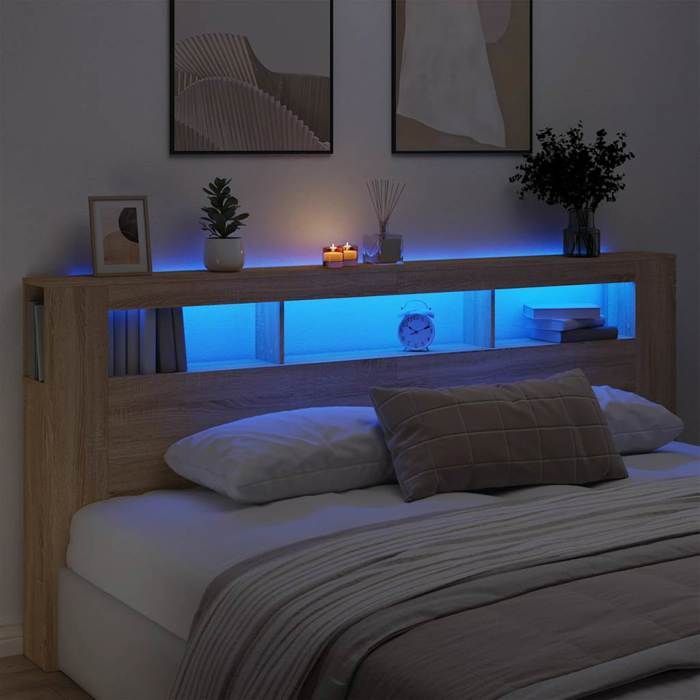vidaXL Tête de Lit à LED, Panneau avec Rangement, Accessoire de Lit, Tête de Cadre de Lit Chambre, Chêne Sonoma 837374