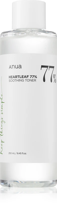 Tônico Suavizante Anua Heartleaf 77% é um tônico de limpeza e suavização que restaura a barreira protetora da pele.
