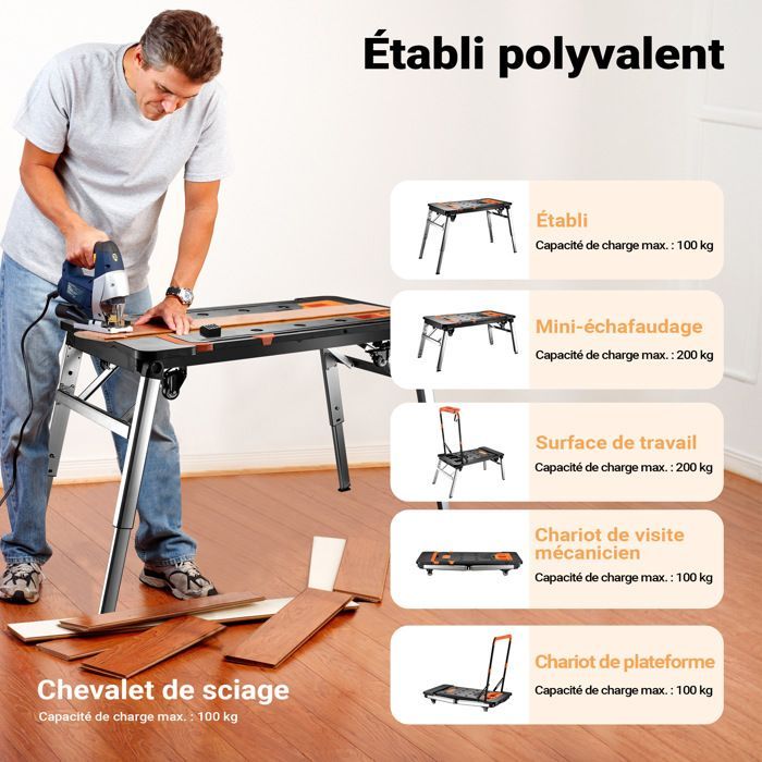 Banco de trabajo Wiltec Workshop de 108,5 x 55 x 52 cm, negro y naranja, 7 funciones en 1, banco de trabajo multiusos, asiento de mecánico, carro y caballete.