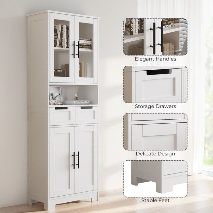 Badkamerkast met 4 deuren en 2 lades, hoge badkamerkast voor woonkamer en keuken, 60x30x170cm, wit