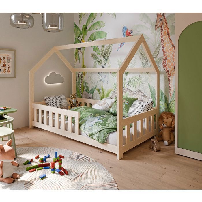 DUBI - Cama infantil tipo cabaña de 80 x 160 cm, color natural, con somier de láminas, barandillas de seguridad y colchón.