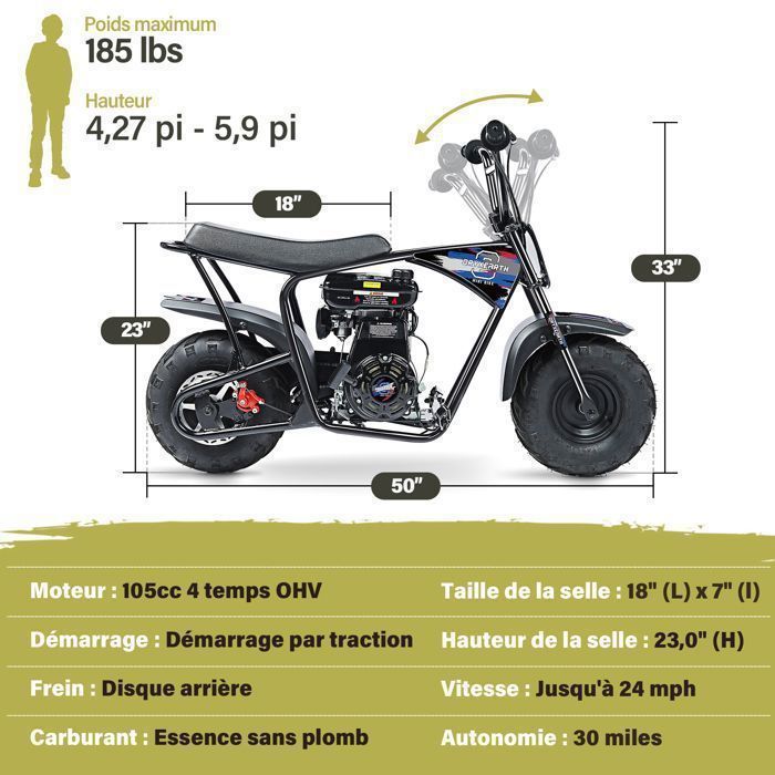 Mini Moto ORYXEARTH 105CC - Moto Junior 4 Temps - Pour - Version Noire et Bleu - Moteur Essence