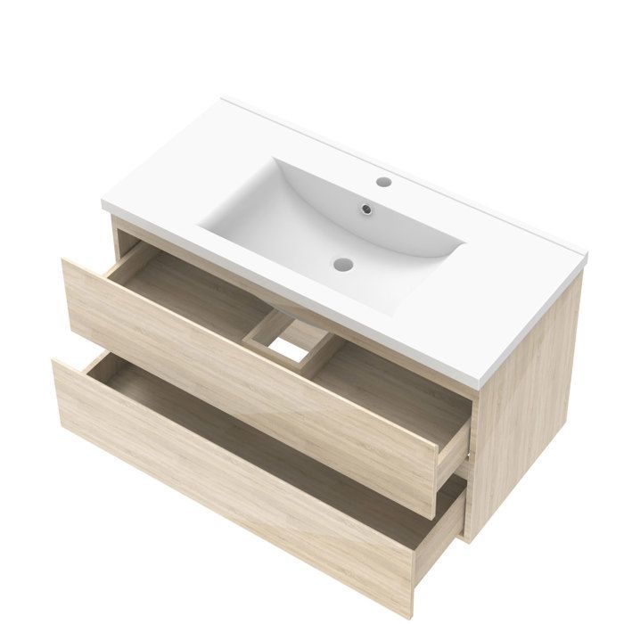 Mueble de baño AICA de 100 cm en roble Wotan brillante con 2 cajones de cierre suave y lavabo individual de cerámica.