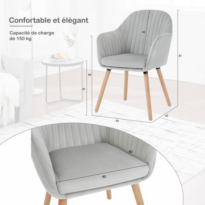 WOLTU 4 sillas de comedor de terciopelo, sillas para cocina, sala de estar, cafetería, patas de madera maciza, gris claro W0ATT0148-4