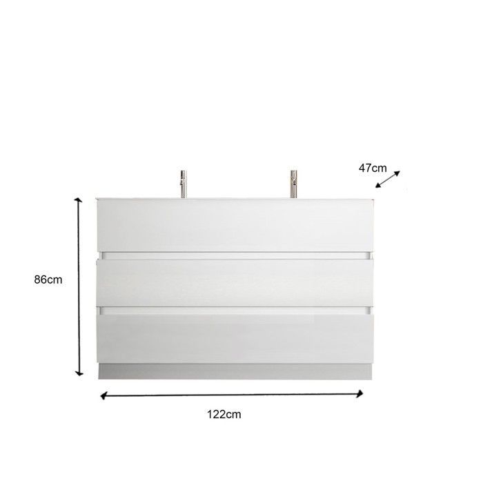 Mueble de baño con dos lavabos y tres cajones, colección VIENNE. Acabado blanco brillante.