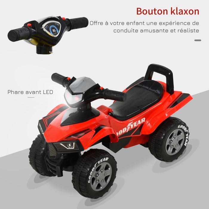 Juguete para montar infantil - HOMCOM - Quad para niños de 18 a 36 meses con efectos de luz y sonido - Juguete para exteriores - PP - 60x31x42cm - Rojo y negro