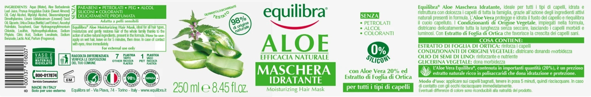 EQUILIBRA Hydraterend masker Equilibra met aloë vera 250 ml Herstructureert het haar