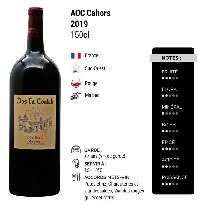 Clos la Coutale Cahors Malbec MAGNUM 2019 - Vinho Tinto do Sudoeste (3x150cl)