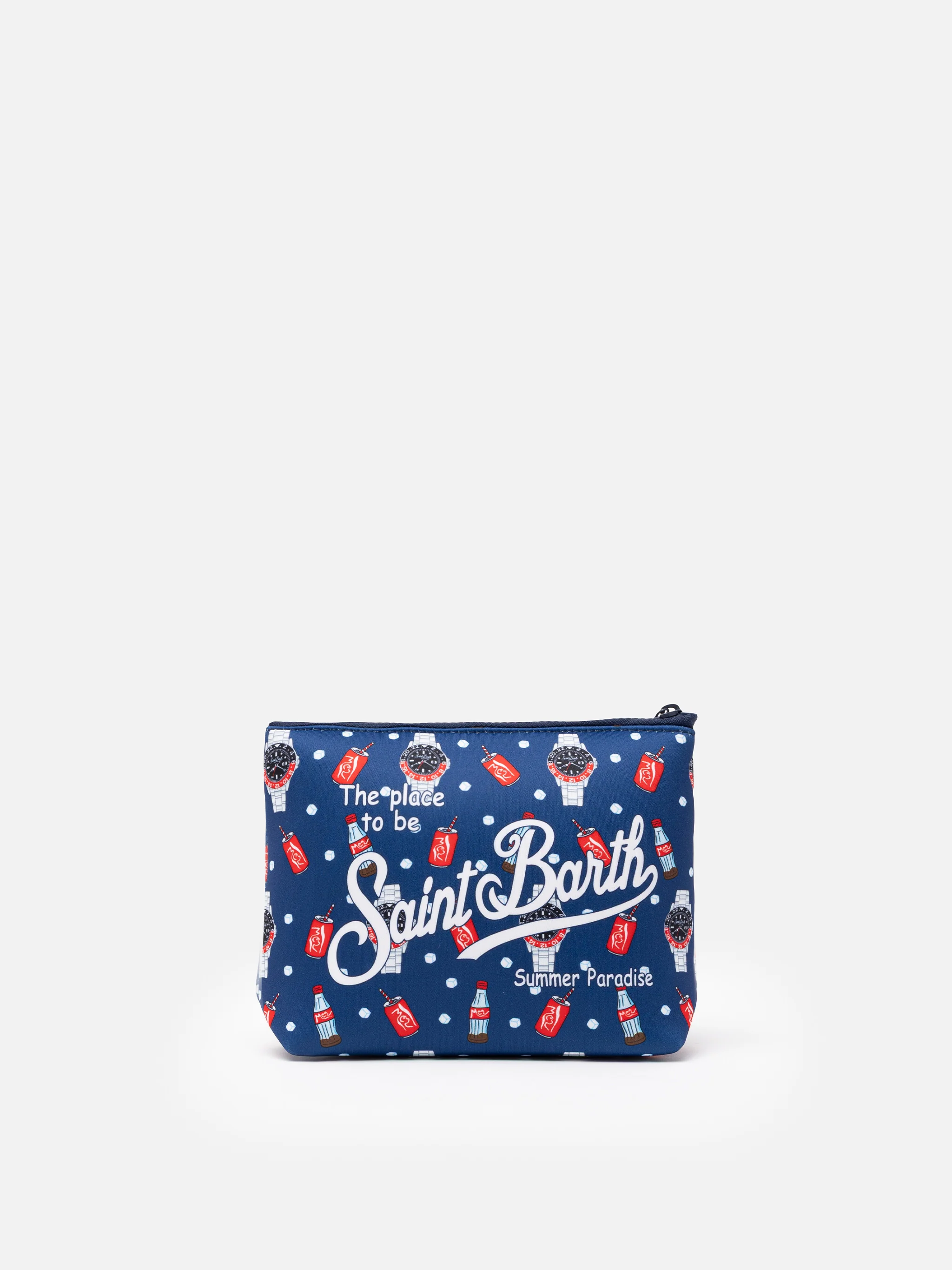 Aline Scuba Clutch mit Uhren- und Cola-Print