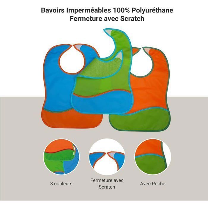 TI-TIN | Pack de 3 Bavoirs Imperméables pour Bébé 100% Polyuréthane | Fermeture en Bande Autocollante pour Bébés de Plus d'1 An