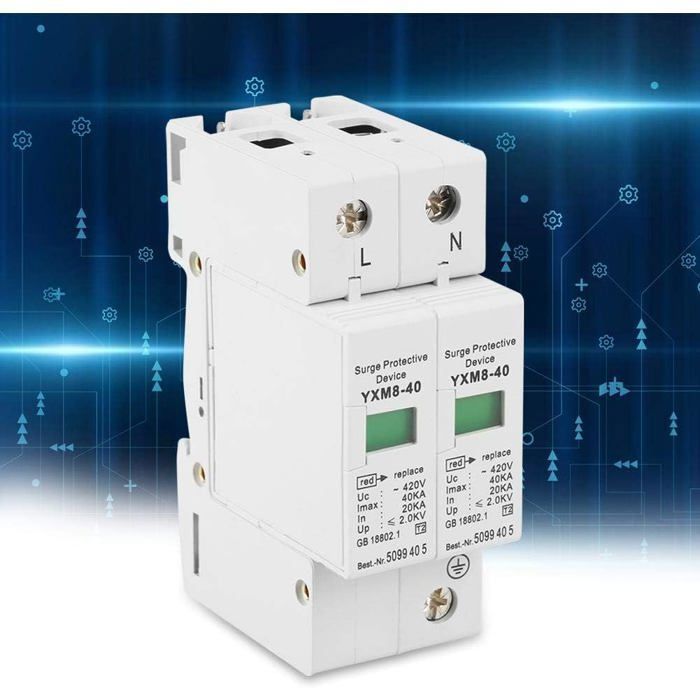 Dispositivo protector contra sobretensiones de 220 V, 2 polos y 40 kA. Protección contra sobretensiones de bajo voltaje para uso doméstico. Modelo YXM8.