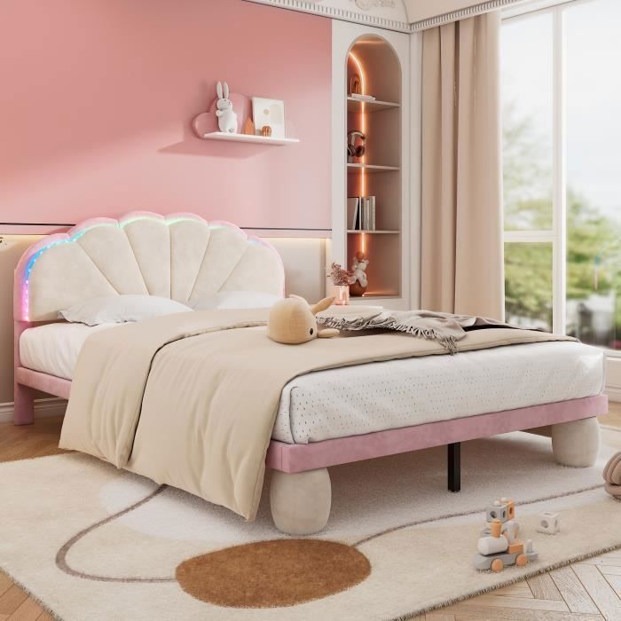 Cama doble - LEYTN - 140x200 cm - Terciopelo rosa - Cabecero iluminado - 2 plazas