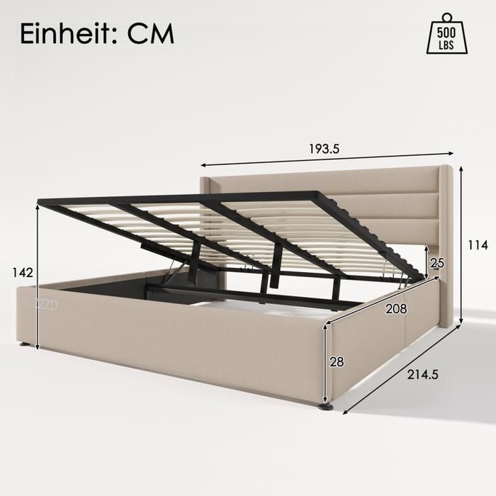 Cama de almacenamiento de 180x200cm en tela de lino con base de láminas metálicas, cama doble hidráulica con espacio de almacenamiento, color beige.