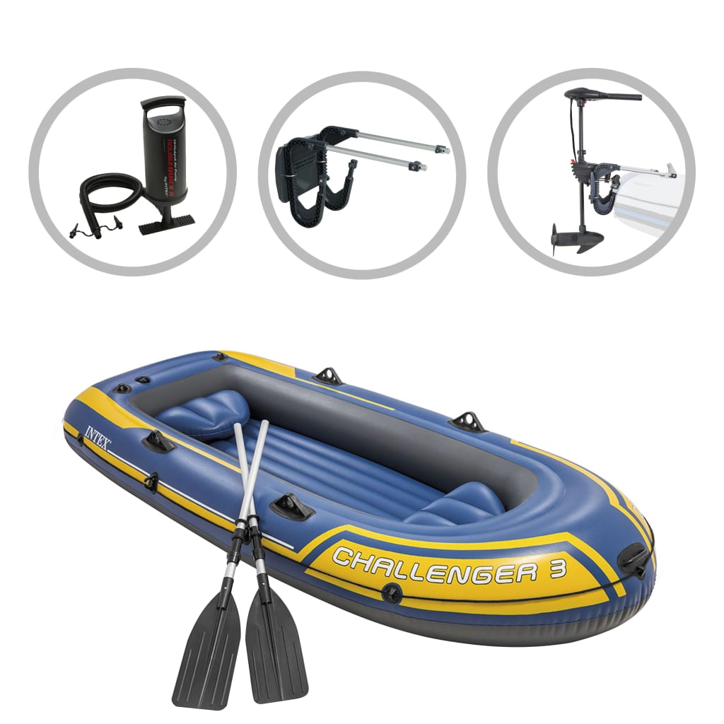 Barco inflável Intex Challenger 3 com motor de reboque e suporte.