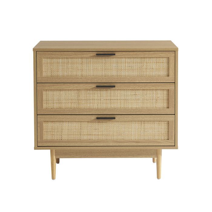 Cómoda AMANA con efecto roble y ratán, 3 cajones, 80 cm - Madera