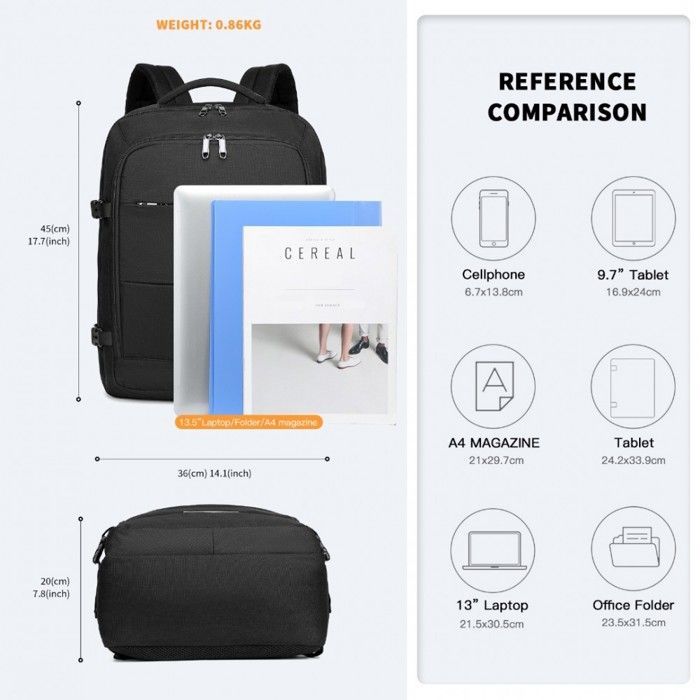 Mochila de viagem Kono 36x20x45cm, aprovada como bagagem de mão para avião, 30L de grande capacidade, masculina e feminina, preta.