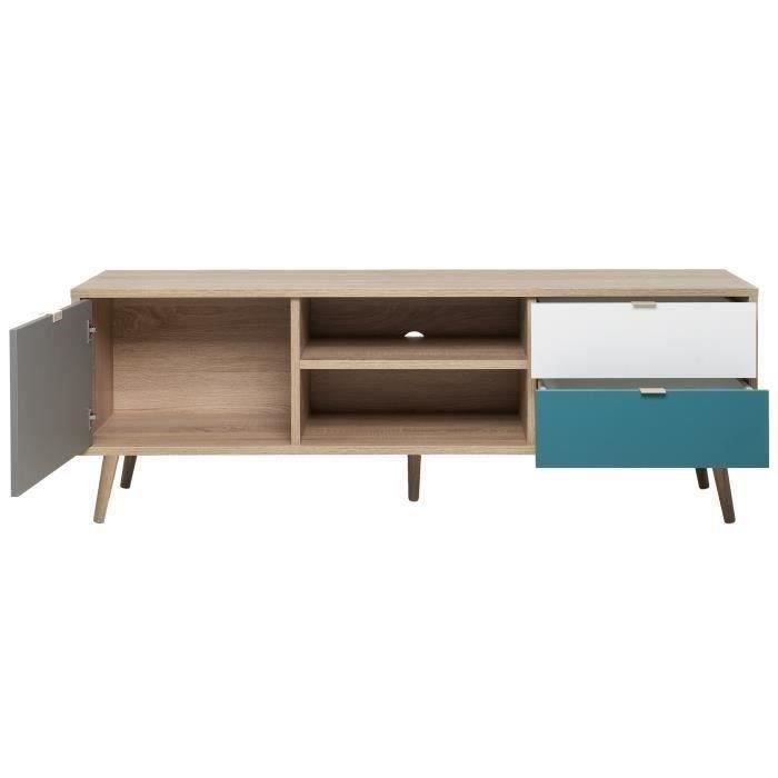 Mueble de TV escandinavo CUBA - Acabado en roble, gris, blanco y azul petróleo - 1 puerta - Ancho 150 x Profundidad 40 x Alto 51 cm