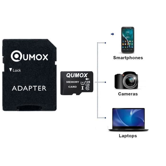 Cartão Micro SD Qumox de 128 GB, 80/40 MB/s, 128 GB (genuíno, sem corrupção de dados) + Leitor USB de Micro SD, 100% genuíno, Classe 10.