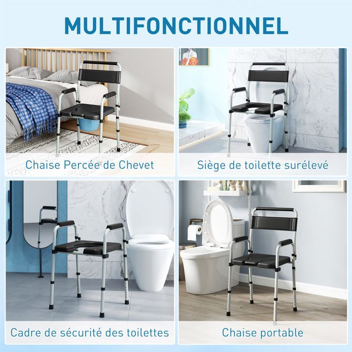 Silla inodoro HOMCOM - plegable y antideslizante - altura regulable, asiento y reposabrazos acolchados, capacidad de carga de 150 kg - negra