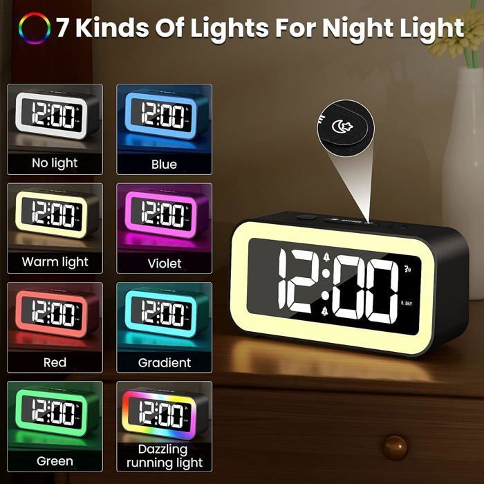 Réveil Numérique, Reveil Enfant Lumineux avec Veilleuse 7 Couleurs, LED Horloge Digitale, Ado Reveil Matin, avec 2 Modes d'Alarme