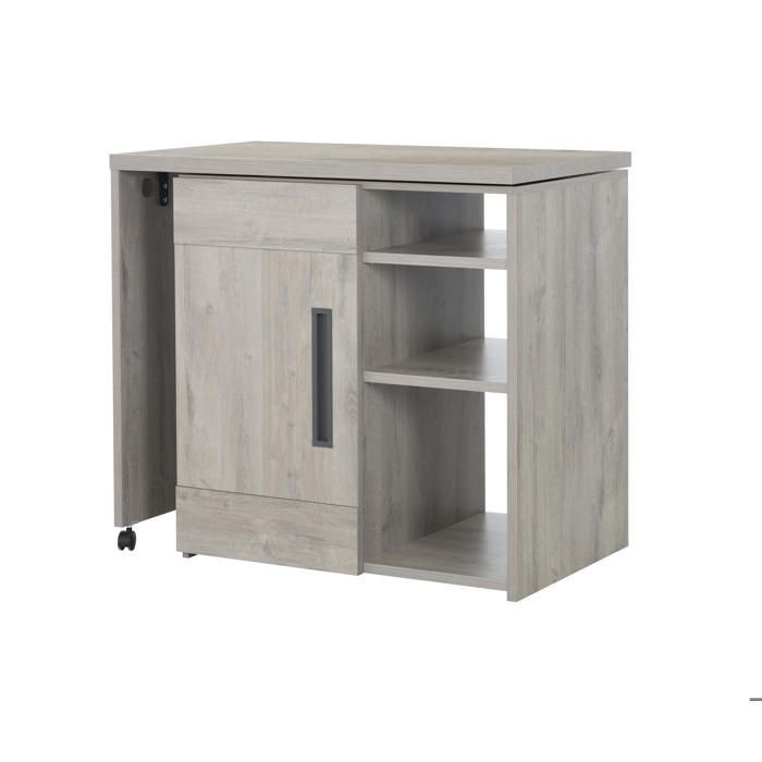Barra giratoria con efecto de madera de roble gris claro, ruedas y estantes.