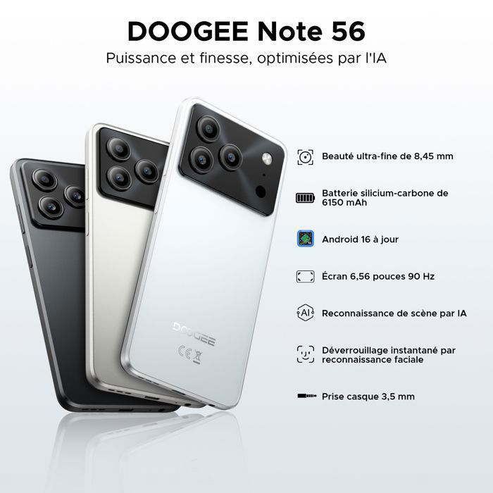 DOOGEE Note56 Android 16 Smartphone Pas Cher, 6150mAh Teléfono Portátil 6.56