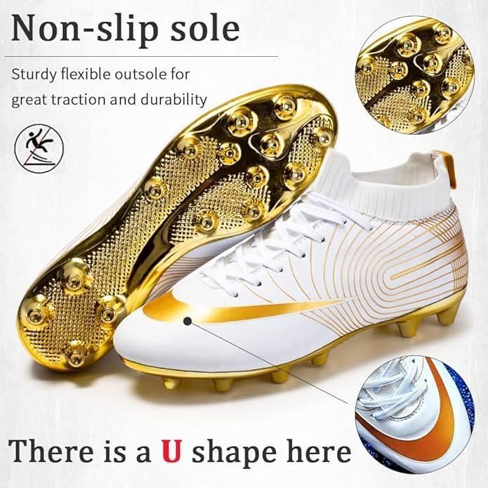 Botas de fútbol profesionales con tacos, calzado antideslizante unisex, color dorado y blanco.