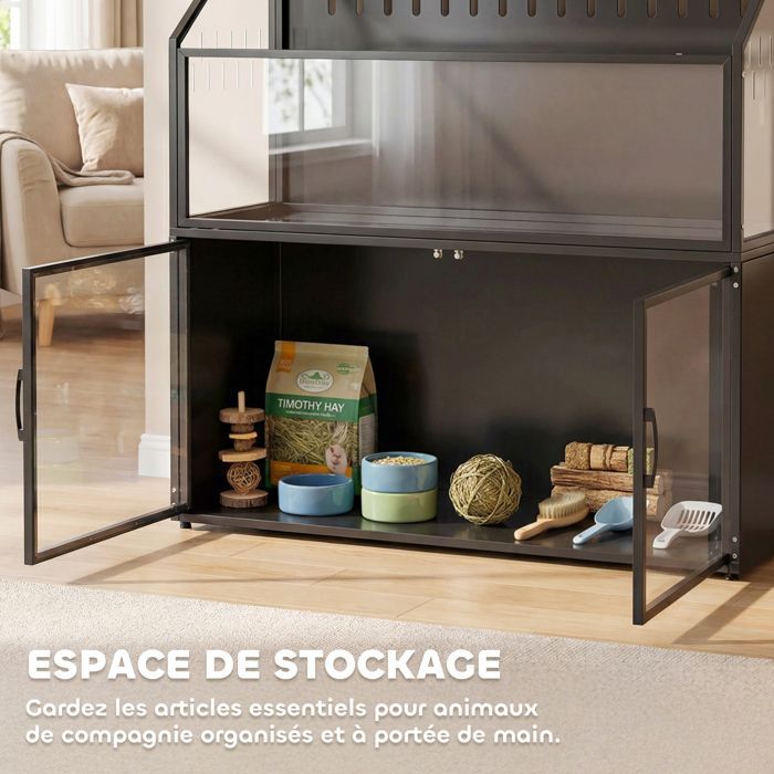 Cage hamster - PawHut - 2-en-1 avec armoire de rangement pour rongeur hamster syrien et souris - acier et acrylique - noir