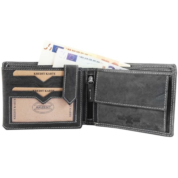 Cartera para hombre - AKZENT - Aktar - Piel auténtica gris - Formato horizontal compacto - 11 ranuras para tarjetas