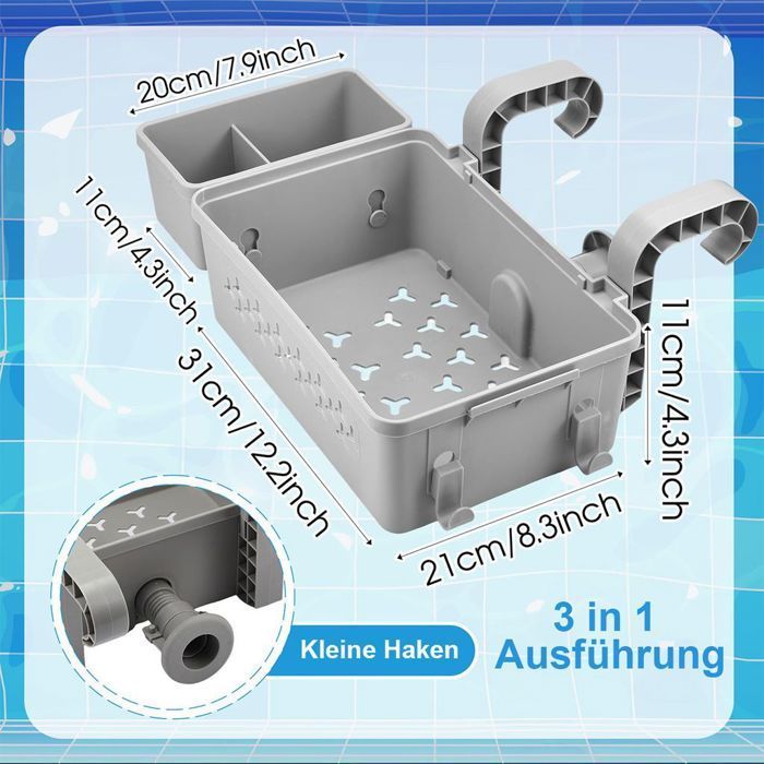 Cesta colgante 3 en 1 para piscinas, con soporte para vasos, accesorios incluidos y etiqueta.